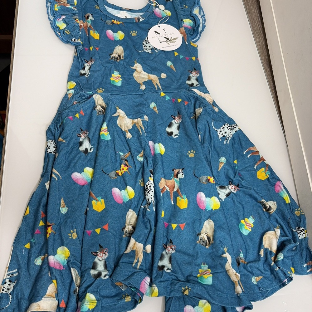 Nev Clothing Girls 5T Bamboo Dress NWT Blue Puppy Dogs Ice Cream Balloon Print